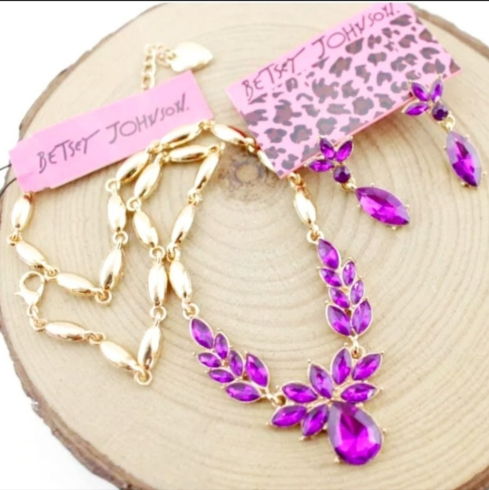 Gold plated pink crystal flower necklace earrings set